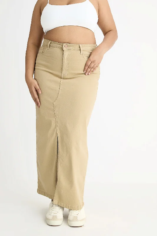 Denim Earthy Beige Slit Midi Skirt flowy skirt hem