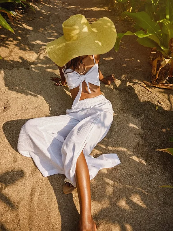 Wunderlove White Cotton Crinkled Relaxed Slit Beach Pants Trendy High-Waist Trousers