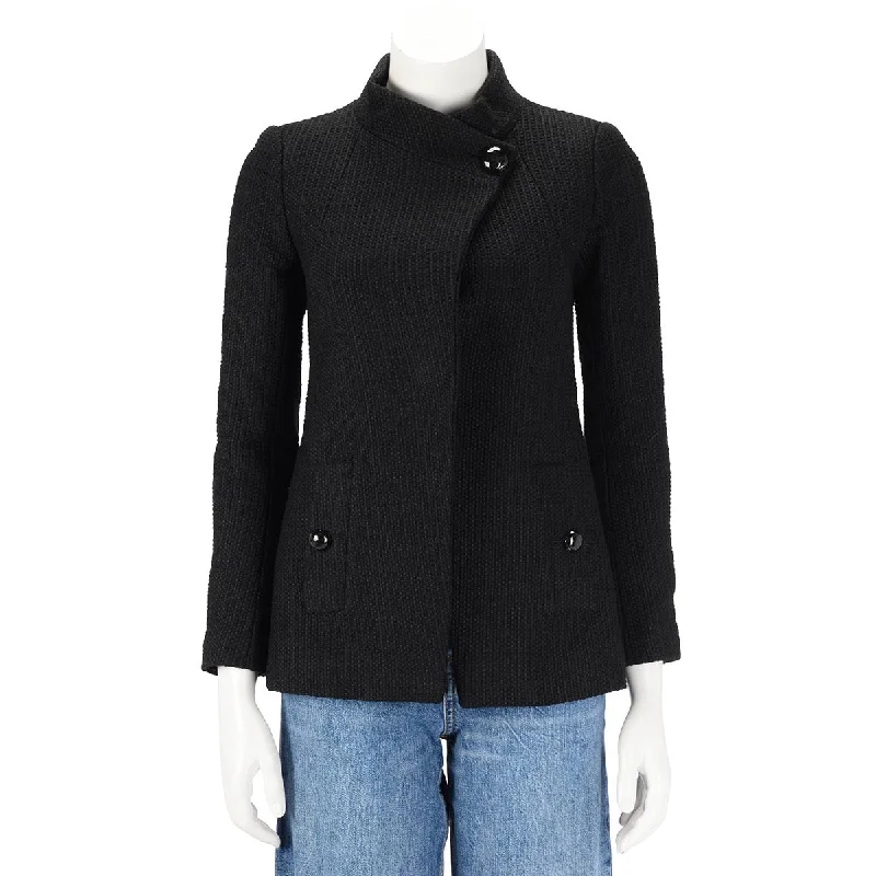 Chanel Black Cotton Tweed Wrap Front Jacket FR 34 Ribbed Jacket Pleated Jacket Ruffled Jacket Chanel Black Cotton Tweed Wrap Front Jacket FR 34 Ribbed Jacket Pleated Jacket Ruffled Jacket