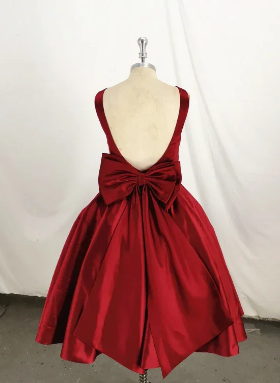 Dark Red Satin Backless Vintage Style Party Dress With Bow, High Quality Handmade Dress gh509 Sequined Elegant Party Dark Red Satin Backless Vintage Style Party Dress With Bow, High Quality Handmade Dress gh509 Sequined Elegant Party