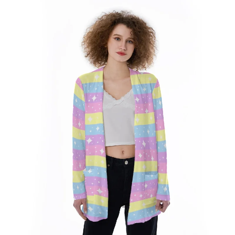 Rainbow Ribbon Open Front Lightweight Cardigan With Pockets Mesh Blend Leather Blend Suede Blend