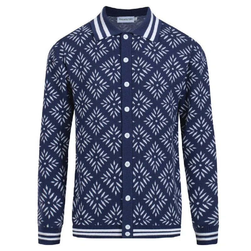Men's Geometric Knit Cardigan – Retro Vintage Long-Sleeve Sweater for Fall/Winter Satin Blend Silk Blend Wool Blend