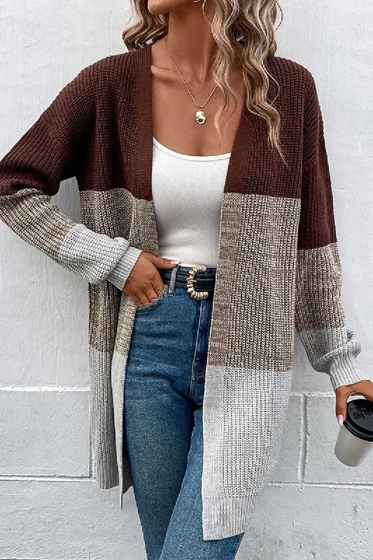 LONG SLEEVE COLOR BLOCK CARDIGAN COAT Glossy Satin Silk