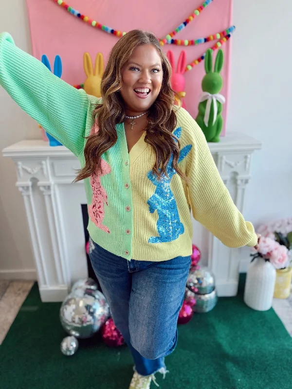 Queen of Sparkles Pastel Colorblock Bunny Cardigan Print Jacquard Patchwork