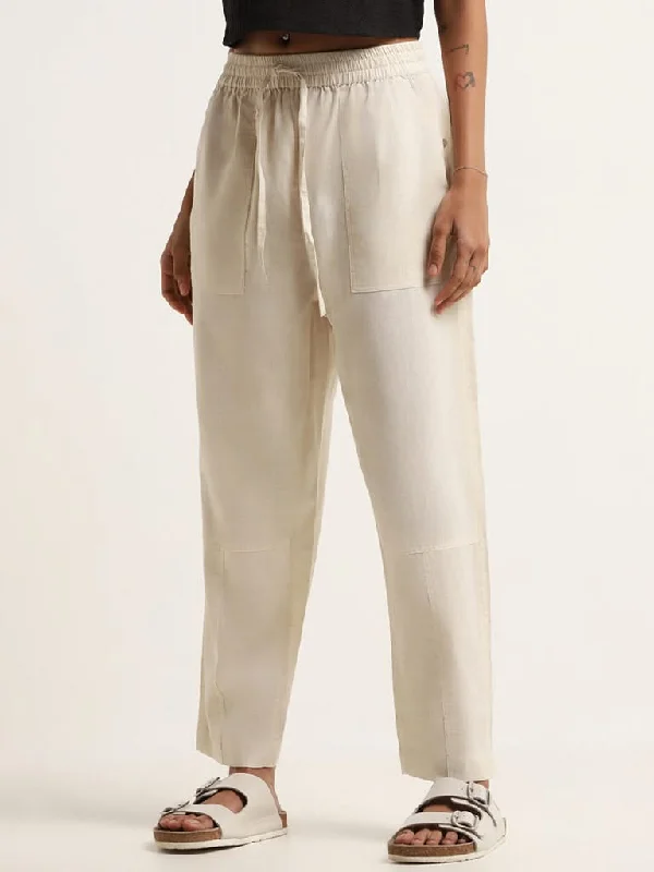 Bombay Paisley Beige Mid-Rise Cotton Blend Straight-Leg Pants Soft Stretch Pants