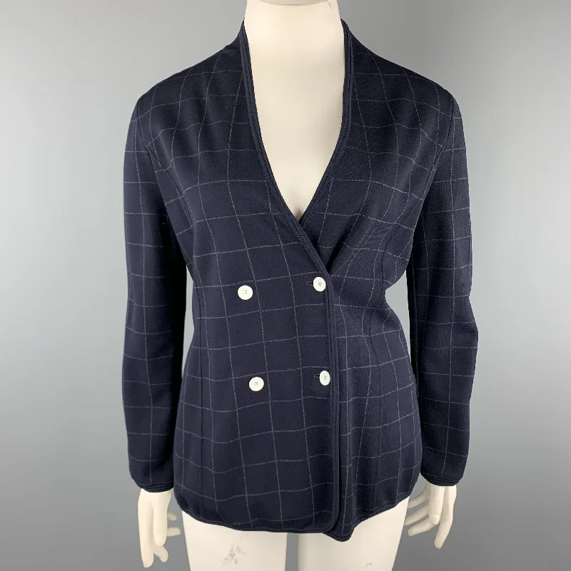 GIORGIO ARMANI Size 12 Navy Windowpane Double Breasted Cardigan Jacket Machine Wash Dry Clean Hand Wash GIORGIO ARMANI Size 12 Navy Windowpane Double Breasted Cardigan Jacket Machine Wash Dry Clean Hand Wash