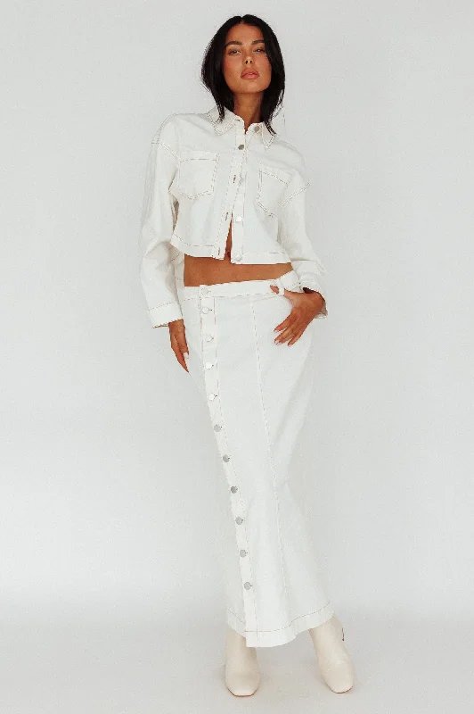 Angelica Side Button-Up Midi Skirt White velvet skirt luxury