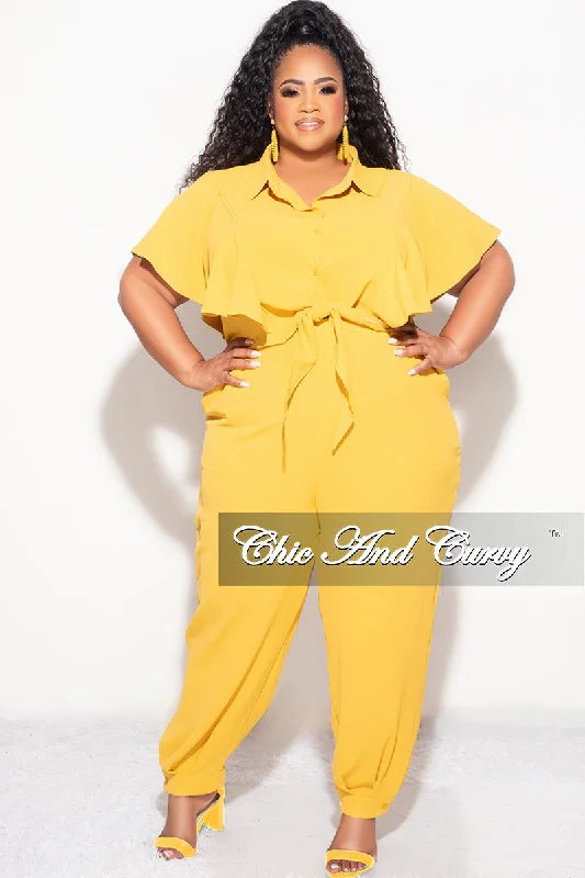 Final Sale Plus Size 2pc Button Up Collar Top and Pants Set in Mustard Fashionable Jogger Pants