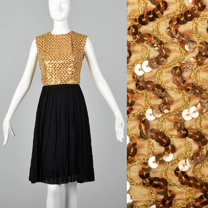 1960s Party Dress with Gold Sequin Bodice Tunics Satin smooth