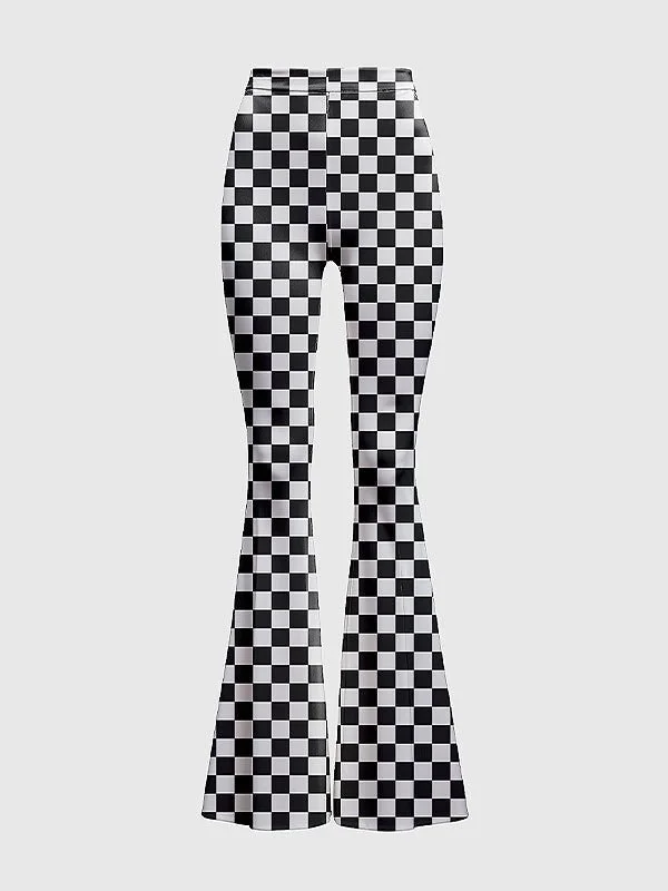 Womens Checkered High-Waisted Flare Pants Elegant Wool Trousers