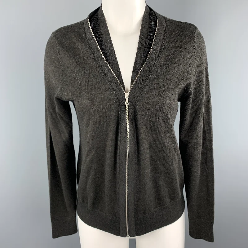 DRIES VAN NOTEN Size S Grey Merino Wool Blend Sequin Collar Zip Cardigan Zippered Front Buttoned Front Snap Front DRIES VAN NOTEN Size S Grey Merino Wool Blend Sequin Collar Zip Cardigan Zippered Front Buttoned Front Snap Front