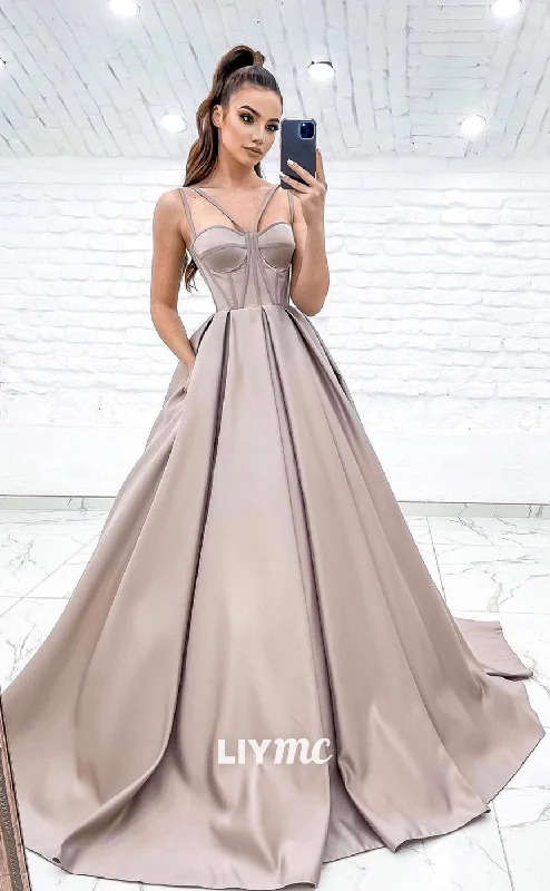 LP628 - A Line V Neck Cut Outs Satin Long Prom Party Dress With Sweep Train Tunics Chic elegant