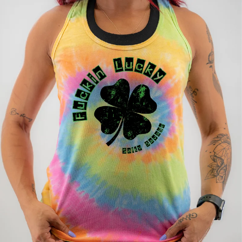 Ladies “Fuckin Lucky” Racerback Tank coral tank top