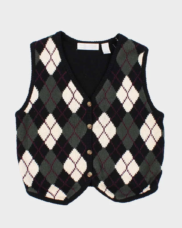 Vintage Women's Argyll Knit Sleeveless Cardigan - M Front Pockets Side Pockets Patch Pockets