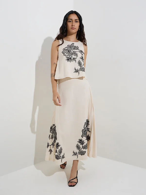 LOV Beige Foliage Embroidered High-Rise Skirt velvet skirt plush