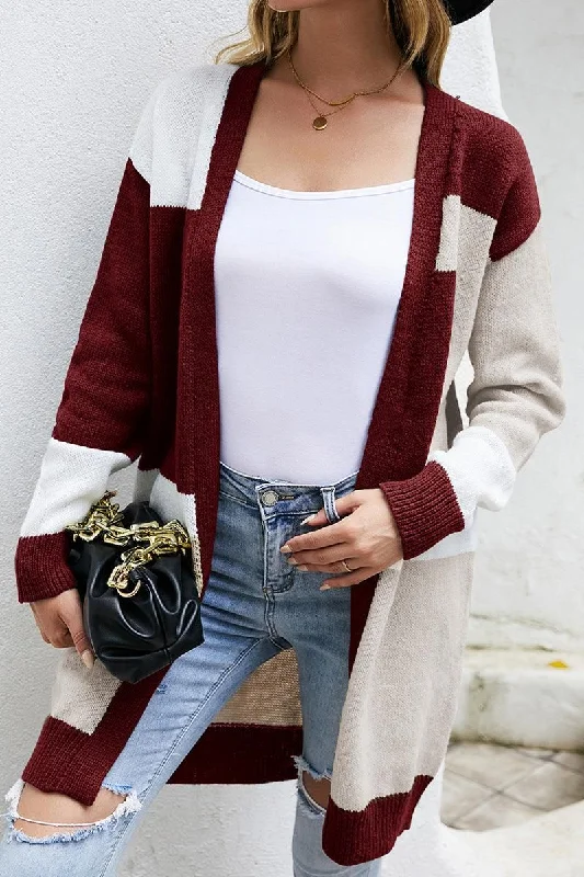 WOMEN COLOR BLOCK OPEN FRONT MIDI CARDIGAN Zippered Front Buttoned Front Snap Front