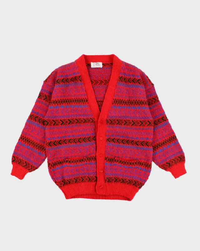 Vintage Women's Red Patterned Knit Cardigan - L Stylish Fashionable Trendy
