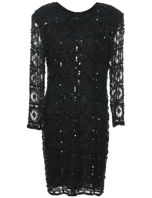 Silk Black Embellished Party Dress - M A-Line Day Work
