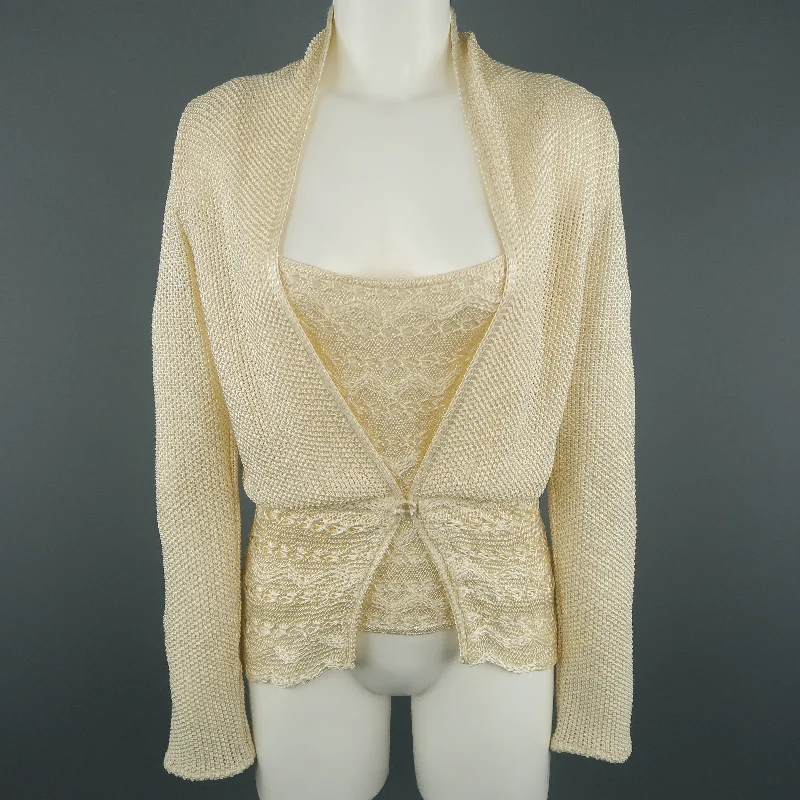 MISSONI Size 8 Cream Knit Cardigan & Camisole Top Set Real Fur Shearling Chenille