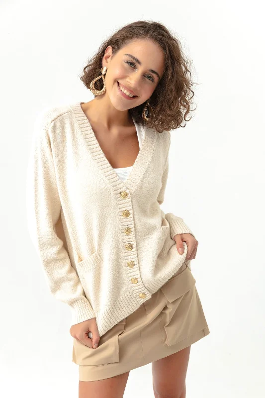 Women'S Gold Button Knitwear Cardigan Boat Neck Shawl Collar Notched Collar