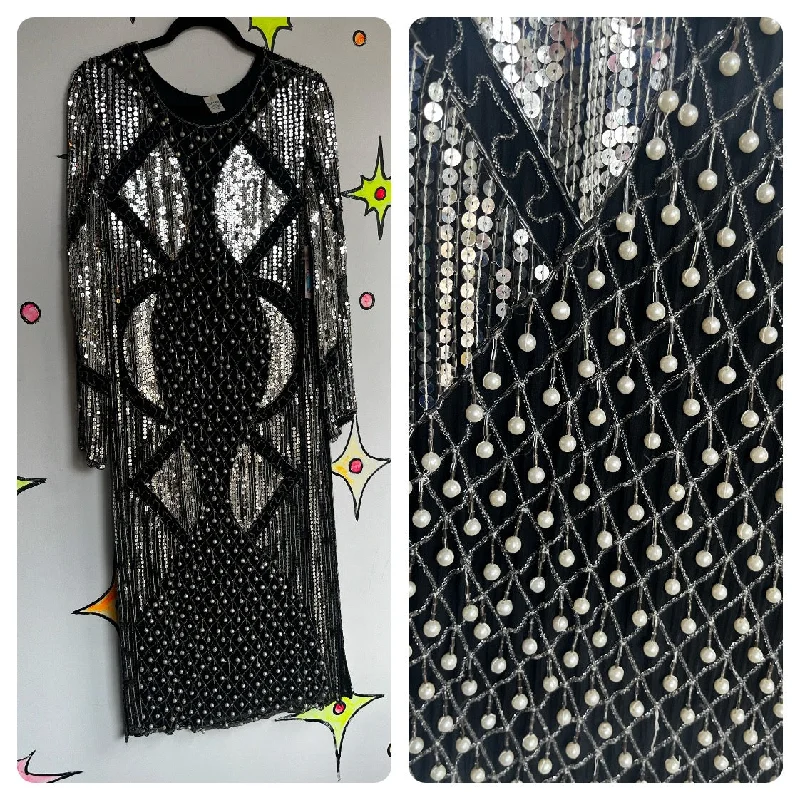 Vintage 80s 90s | Black Silver Fully Beaded Sequin Flapper Party Dress | M Lace Sexy Club