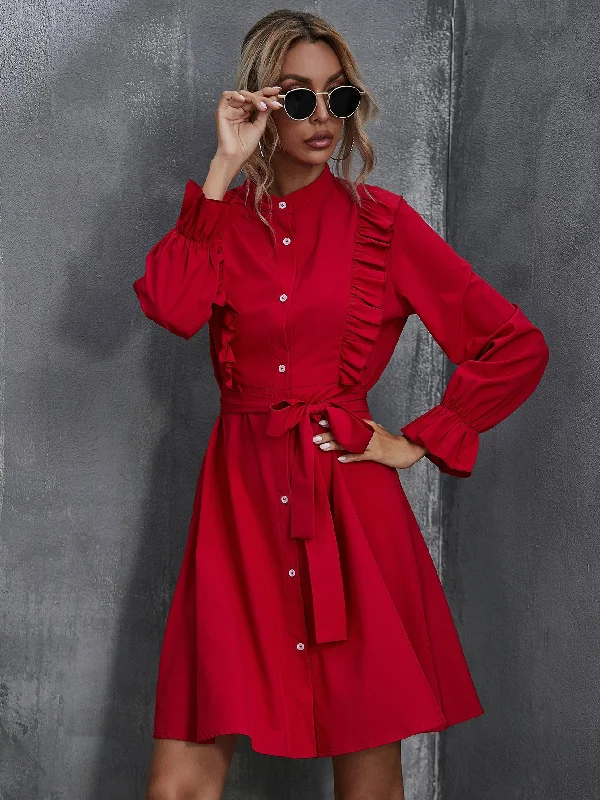 Women Autumn Winter Red High Elegant Commuter Cardigan Ruffled Belt Dress Handmade Hand-knitted Hand-woven