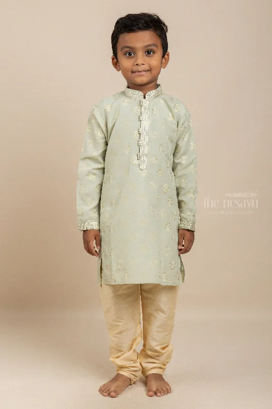 Trendy Sea Green Silk Cotton Kurta With Complimenting Pants For Boys Soft Wool Pants