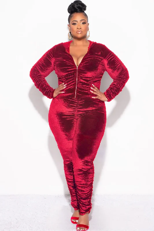 Final Sale Plus Size 2pc Ruched Hooded Zip-Up Top and Pants Set in Burgundy Velvet Trendy Velvet Pants