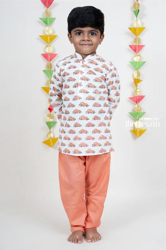 White Car Printed Cotton Kurta For Baby Boys With Orange Pant Chic Checkered Pants