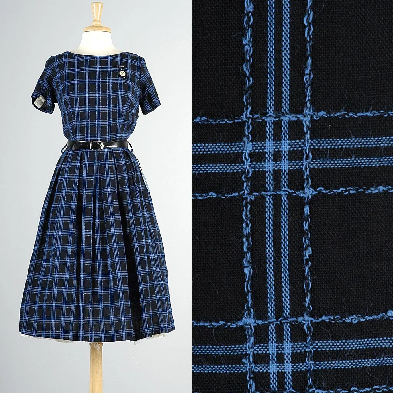 1950s Black Party Dress with Blue Windowpane Plaid Tunics Ceremony elegant