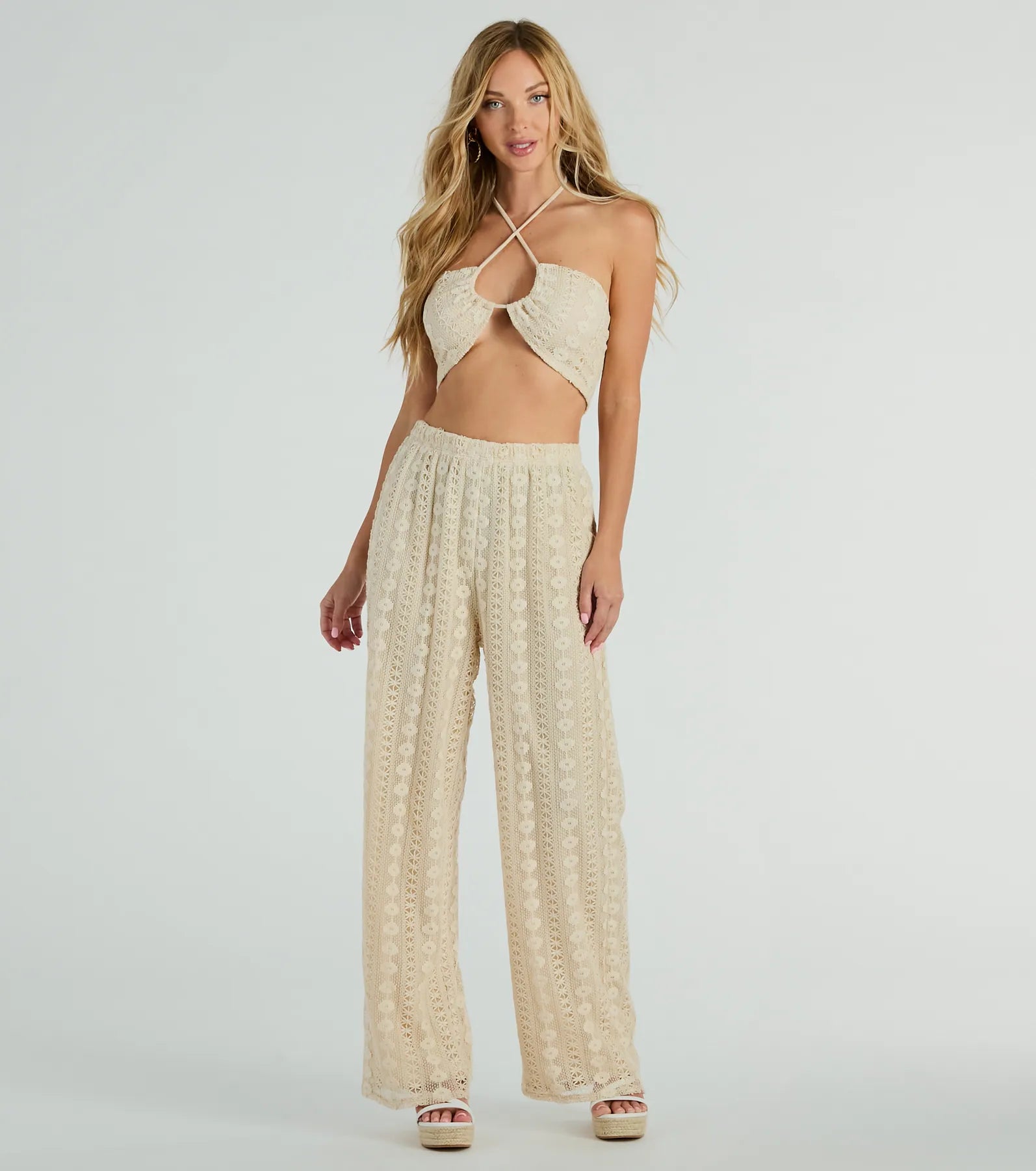 Sunshine Livin' High Rise Palazzo Crochet Pants Stretch Fit Pants