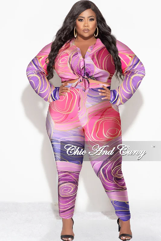 Final Sale Plus Size 2pc Button Up Collar Top and Pants Set in Pink Multi Color Design Print Comfortable Wide-Leg Pants