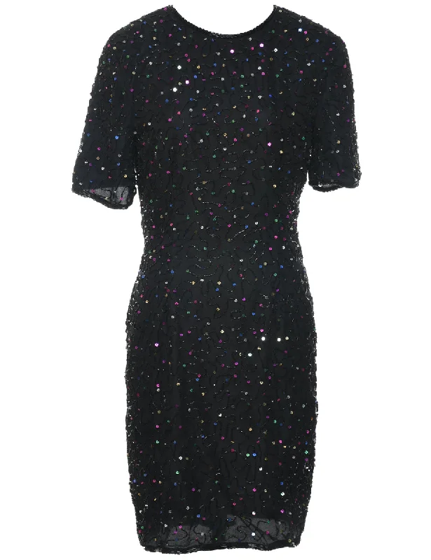 Silk Black Beaded Party Dress - M Pencil Length Work