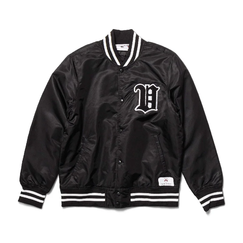 Women's - House of V - Black Varsity Chenille Patch Nylon Varsity Jacket Toggled Jacket Drawstring Jacket Belted Jacket Women's - House of V - Black Varsity Chenille Patch Nylon Varsity Jacket Toggled Jacket Drawstring Jacket Belted Jacket
