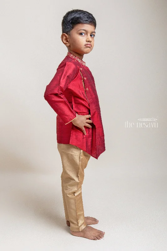 Gorgeous Cherry Red Floral Embroidered Neck Kurta With Contrast Beige Pant For Boys Modern Stretch Trousers