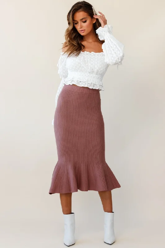 Shalon Ribbed Knit Fluted Hem Midi Skirt Antique Rose linen skirt airy