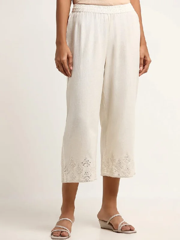 Utsa Off-White Mid-Rise Mirror Embroidered Blended Linen Pants Comfy Zip-Up Pants