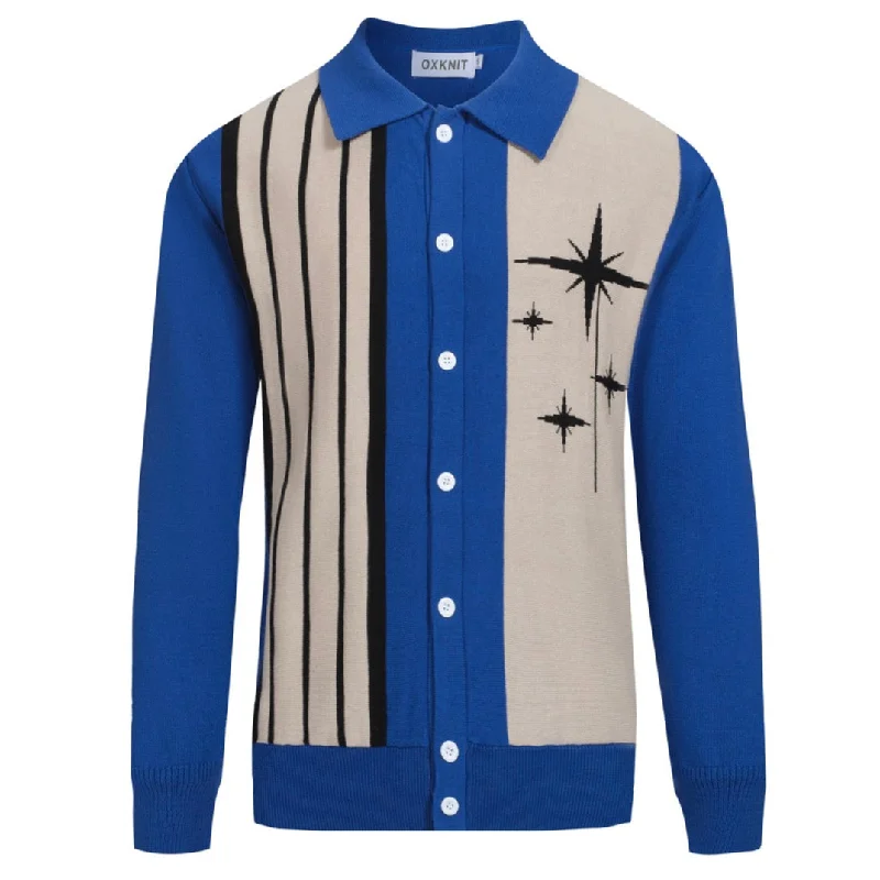 Men's blue 50s jacquard long-sleeved cardigan Wool Fabric Cashmere Fabric Tweed Fabric