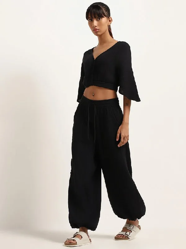 Superstar Black Mid Rise Cotton Loose Fit Cargo Pants Elegant Palazzo Trousers
