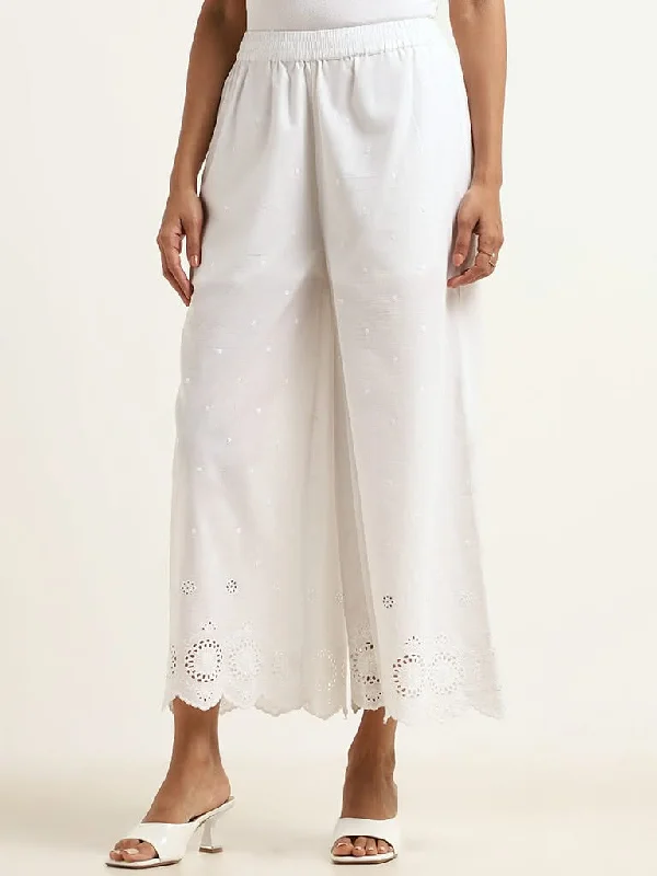 Zuba White Cotton Schiffli Pants Modern Bootcut Pants