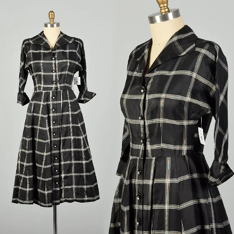 Medium 1950s Dress Black Taffeta Hourglass Plaid Cocktail Party Dress Crew Neckline Casual Medium 1950s Dress Black Taffeta Hourglass Plaid Cocktail Party Dress Crew Neckline Casual