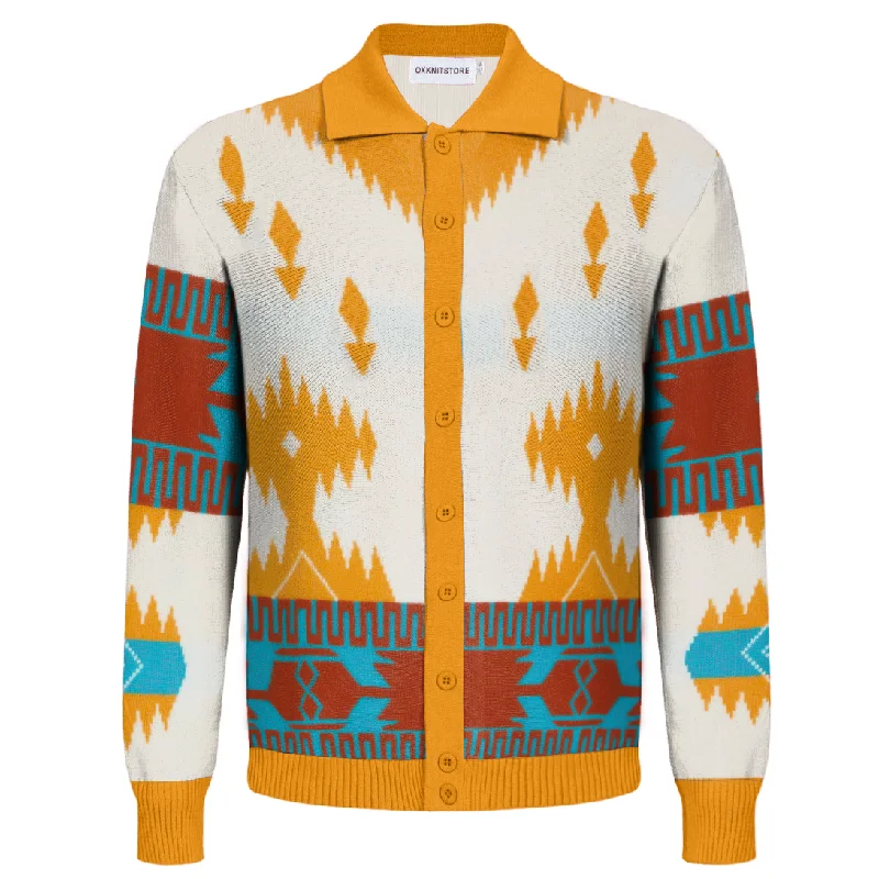 Men's yellow vintage jacquard knit cardigan Cardigan Knitwear Sweater