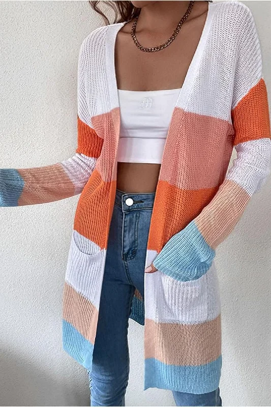 COLOR BLOCKED OPEN FRONT KNIT CARDIGAN Chenille Fabric Brocade Fabric Lace Fabric