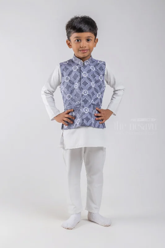 White Solid Cotton Kurta and Pant with Geometrical Printed Gray Overcoat for Boys Relaxed Casual Leggings