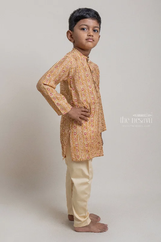 Beautiful Beige Tribal Printed Kurta And Solid Beige Pant For Boys Cozy Full-Length Pants
