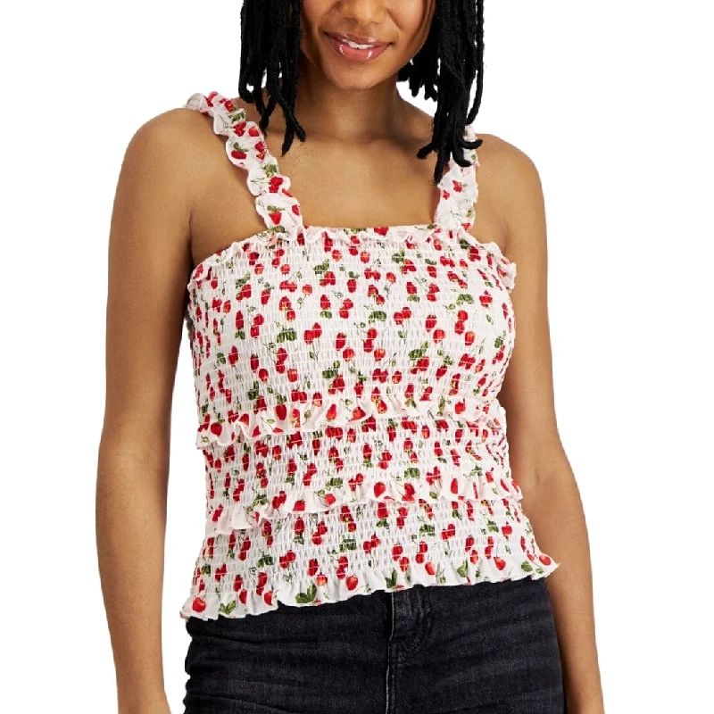 CRAVE FAME - Cherry Printed Tiered Smocked Tank Top off shoulder tank