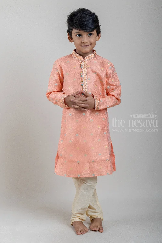 Orange Diamond Shape Pattern Designer Boys Ethnic Kurta WithHalf White Pant Set Formal Stretch Pants