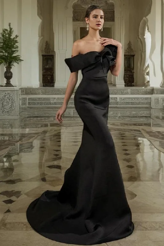 Luxurious Black Mermaid Satin Evening Party Dress Tunics Fashionable trendy