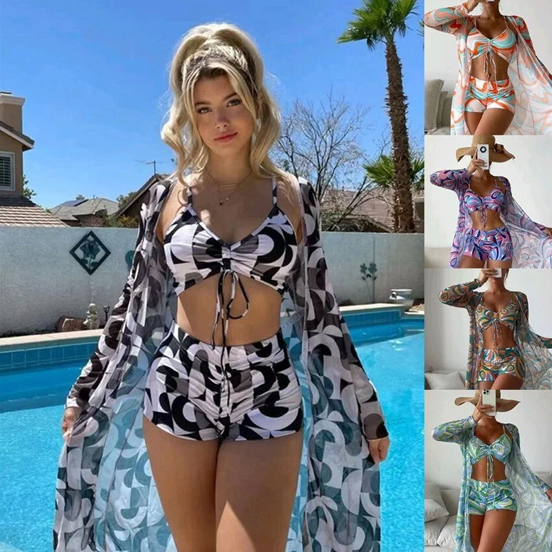 3pcs Pring Bikini With Long Sleeve Cardigan Fashion Summer Beach Swimsuit Women Iron Safe Non-Iron Wrinkle Free