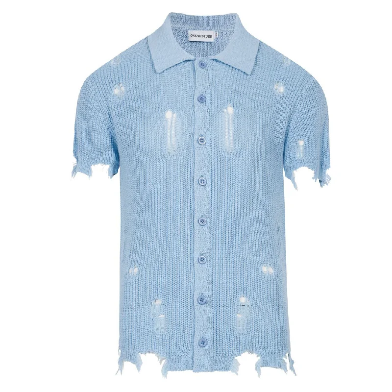 Men's blue ripped knit cardigan top Lightweight Heavyweight Midweight